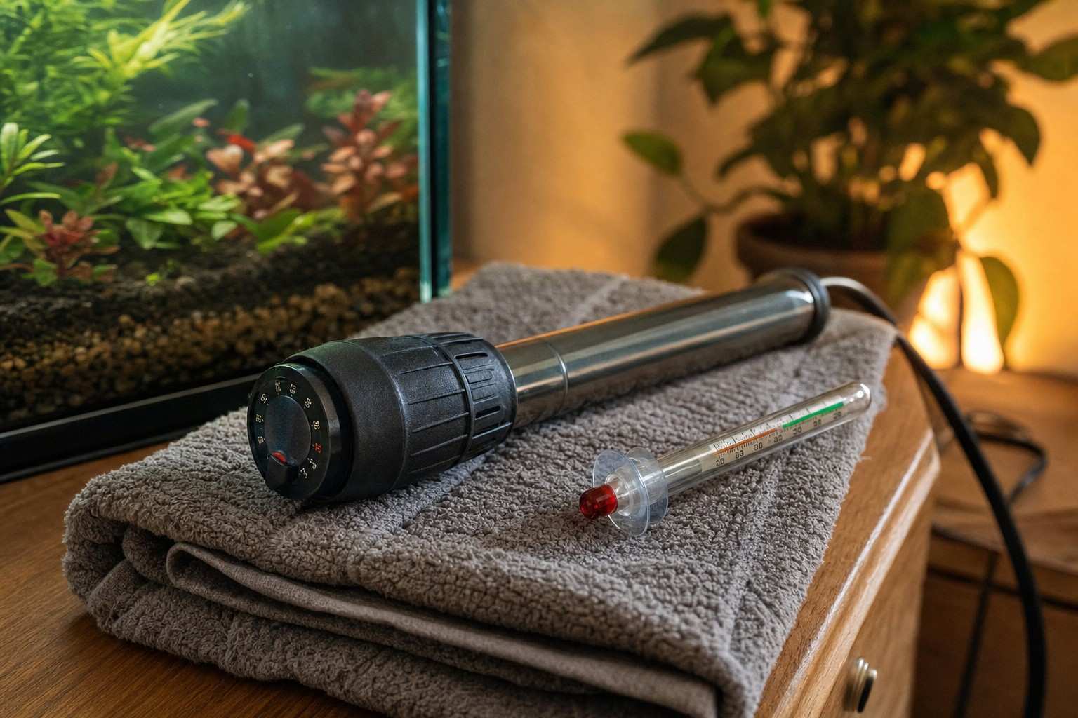 Adjustable 50-watt aquarium heater with a temperature dial and a small glass thermometer laid on a folded towel beside a 10-gallon tank