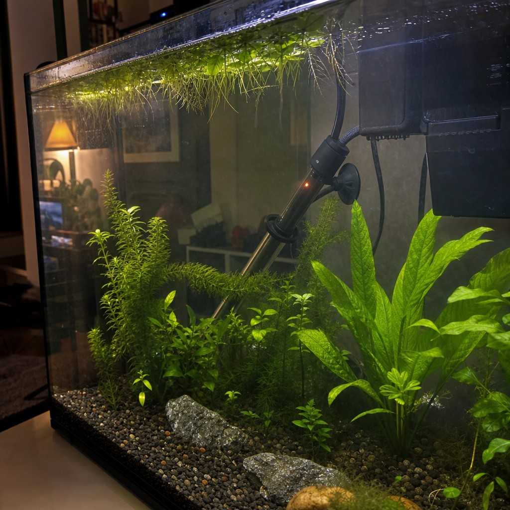 Submersible heater mounted inside a planted 10-gallon aquarium near the filter outflow, indicator light glowing