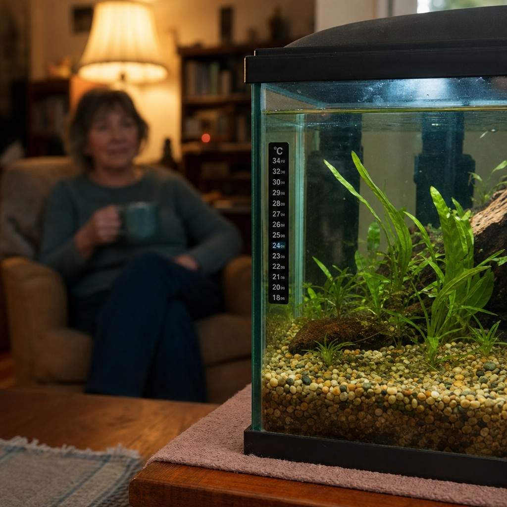 Stick-on thermometer strip on the corner of an aquarium with a person relaxing with a mug in the background