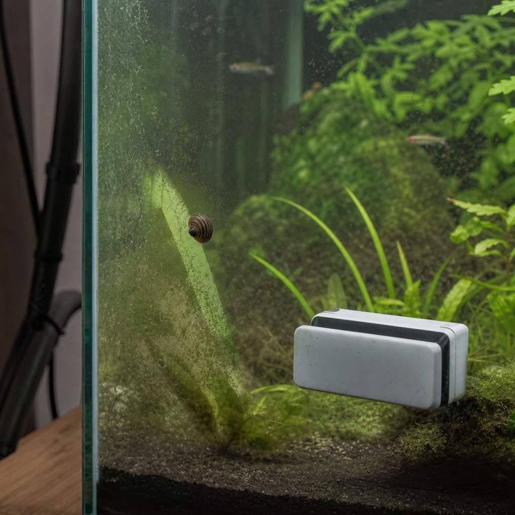 A magnetic algae scraper and a nerite snail on the inside glass of a planted aquarium