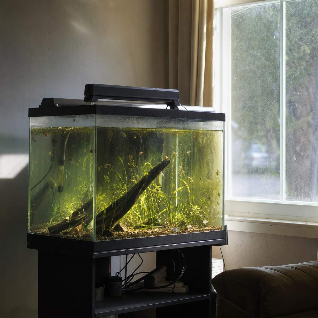An aquarium sitting too close to a bright window with strong sunlight falling across it