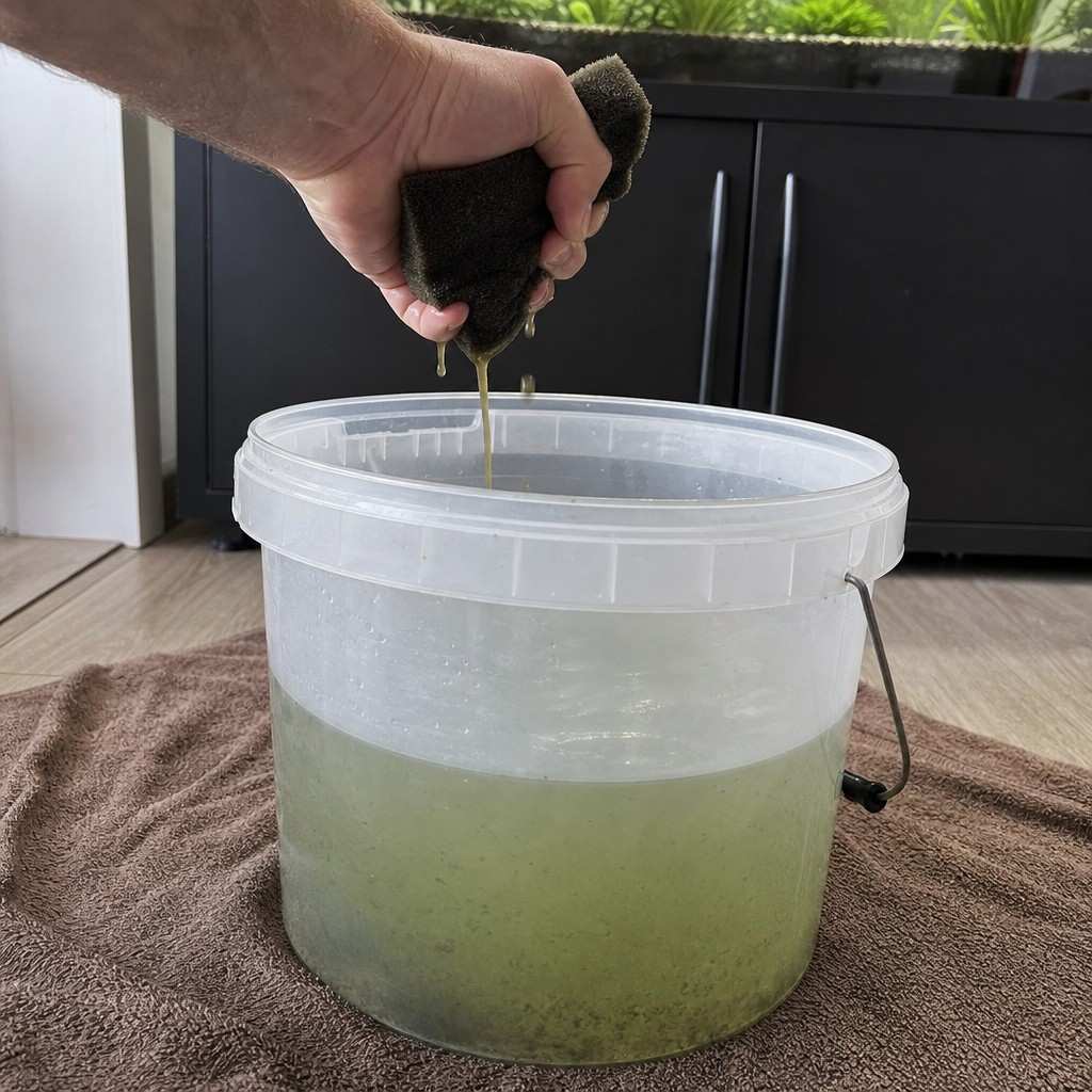A filter sponge being squeezed into a bucket of tank water on the floor, hand on the sponge above the bucket