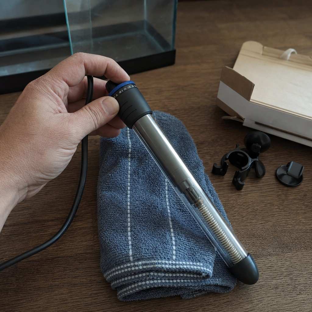 An adjustable aquarium heater and its dial resting on a towel on a table during setup, no water