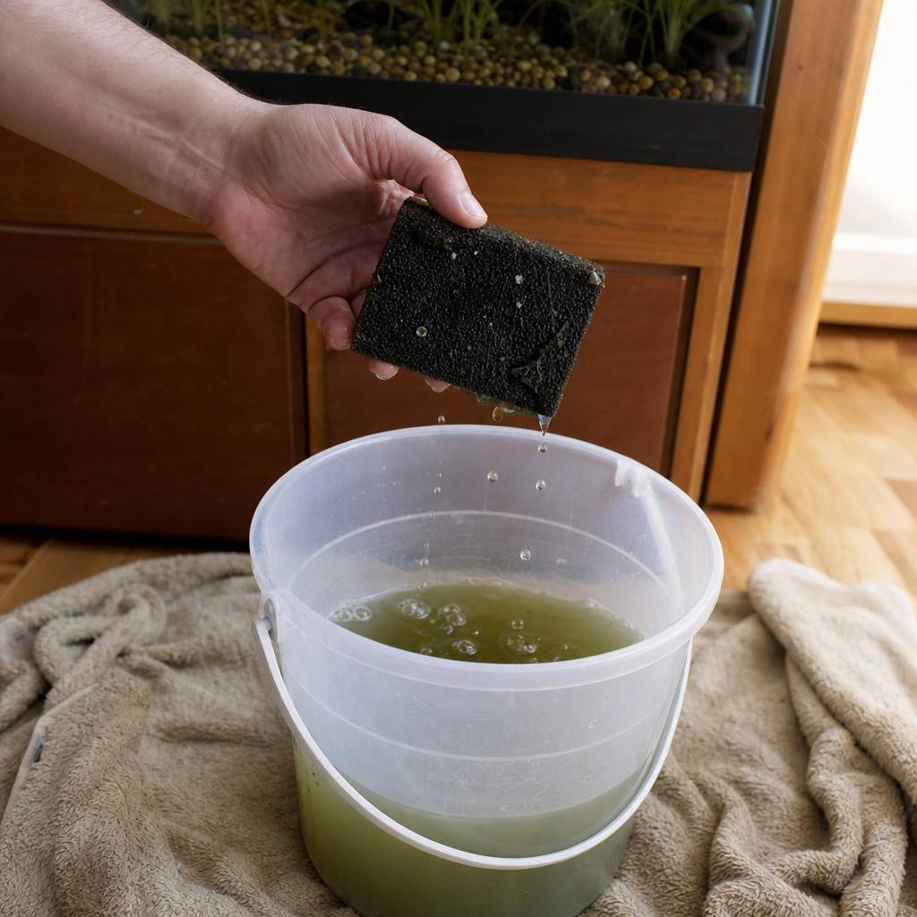 A hand holds a used filter sponge above a bucket of removed tank water, drips falling