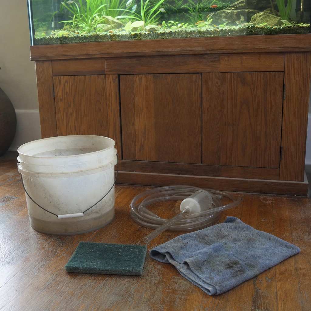 Water change tools on the floor beside an aquarium stand: bucket, gravel vacuum, algae pad and towel