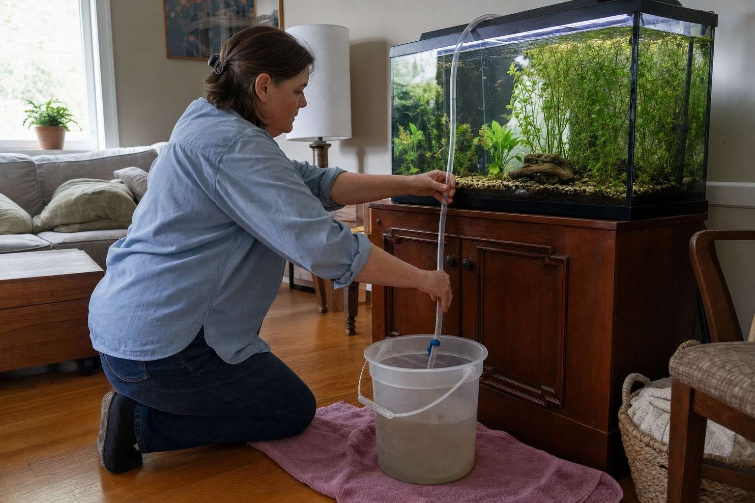 A person kneels beside a home aquarium during a water change, steadying a siphon hose that runs into a bucket on the floor