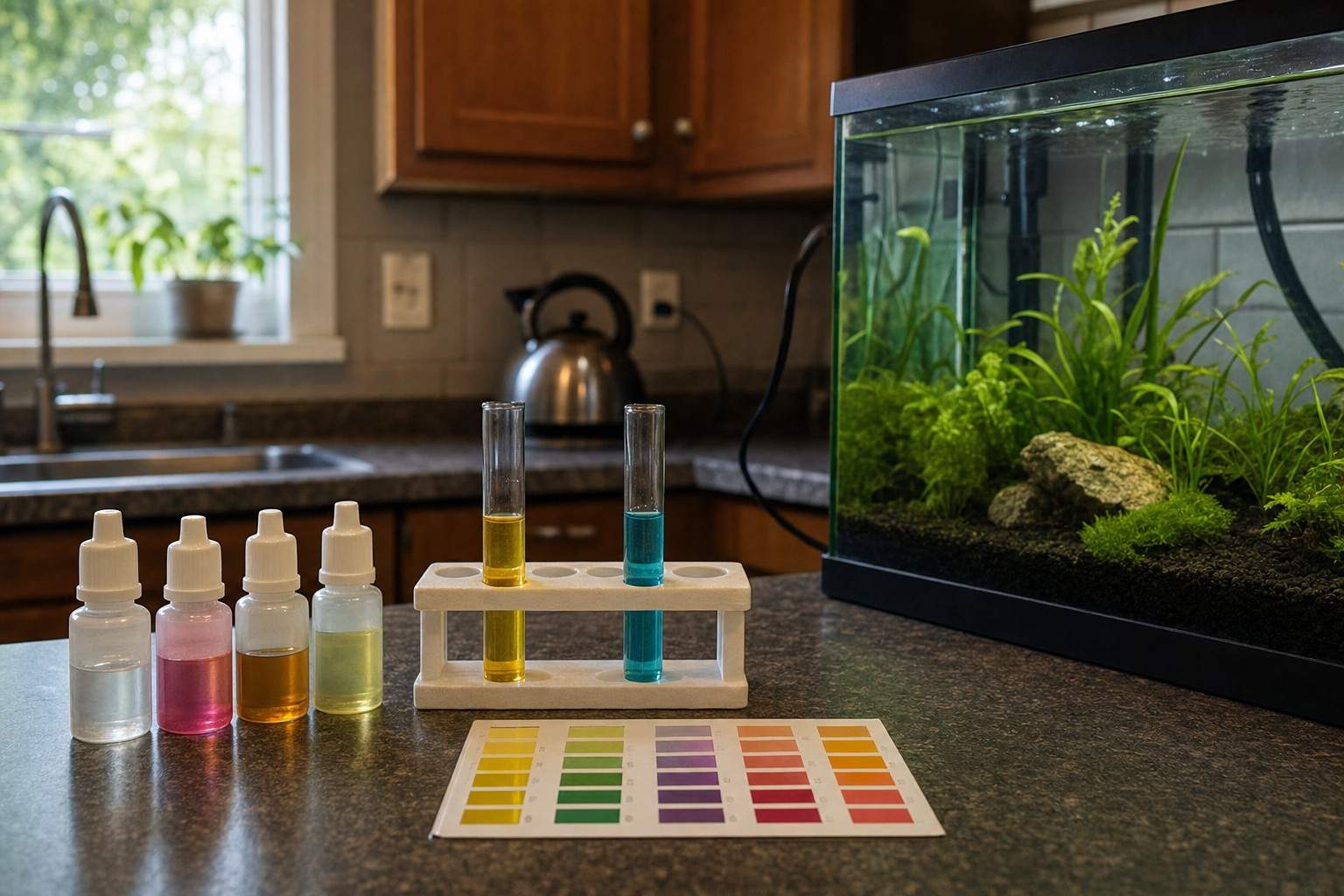 Liquid aquarium test kit bottles, glass test tubes and a color chart laid out on a kitchen counter