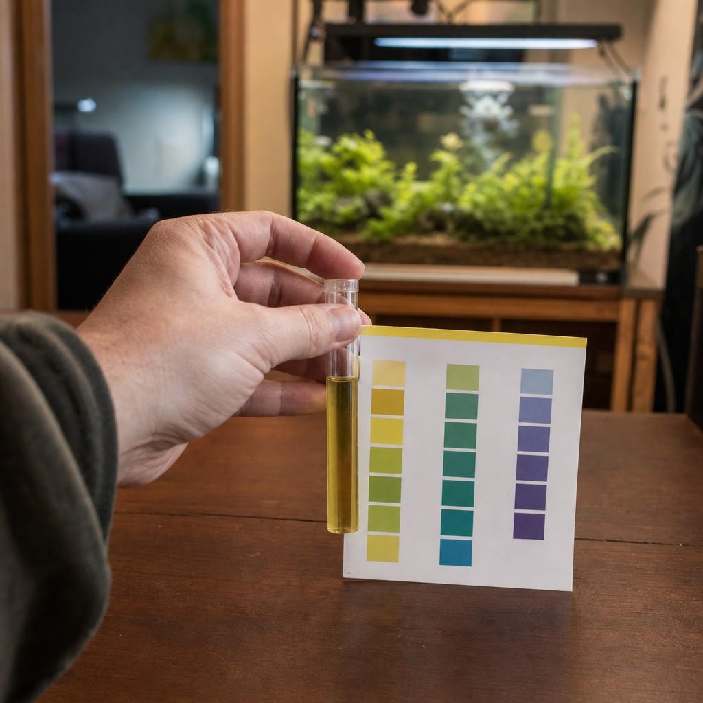 Hand holding a test tube of tinted water against a color chart
