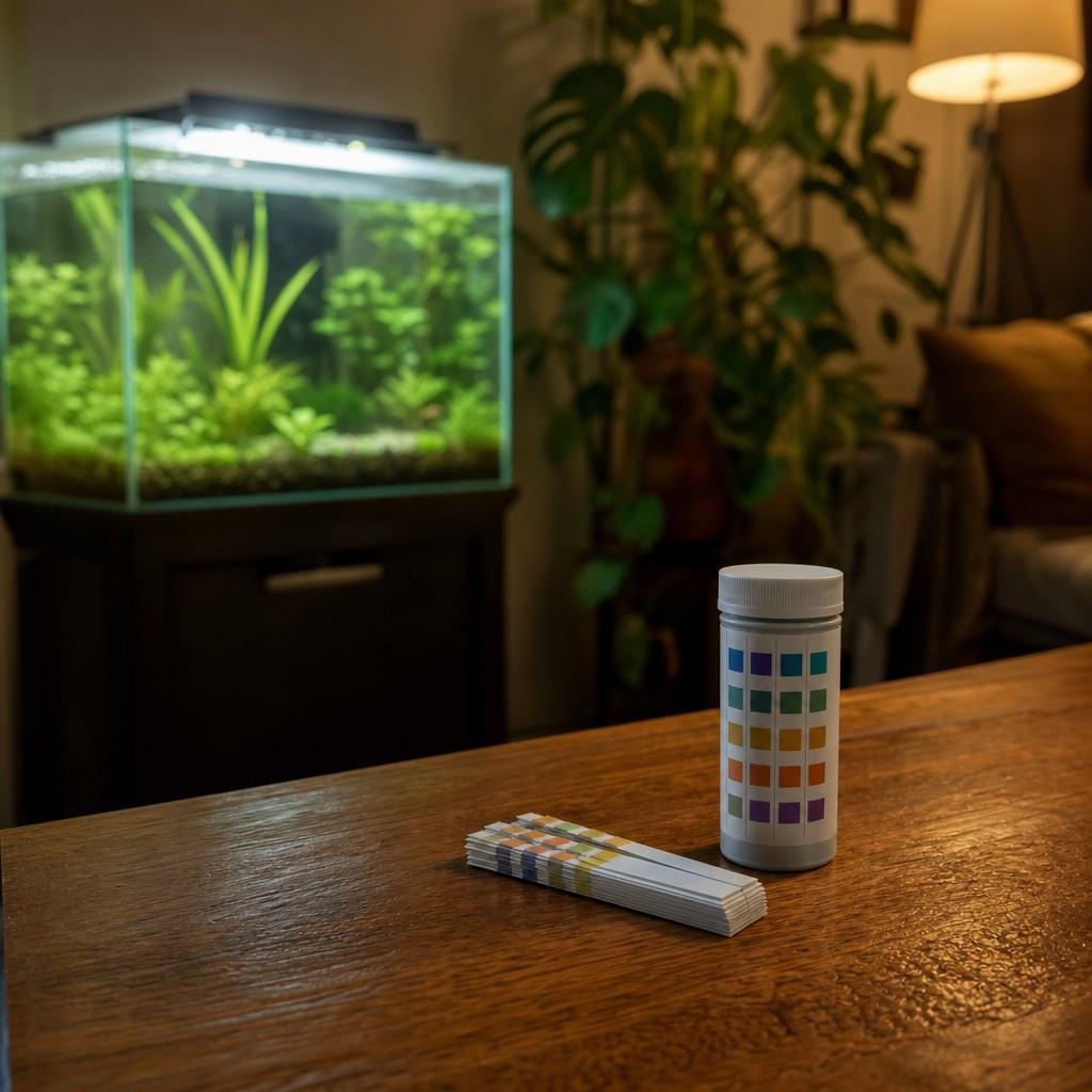Paper test strips beside their color-coded bottle on a wooden table with an aquarium glowing in the background