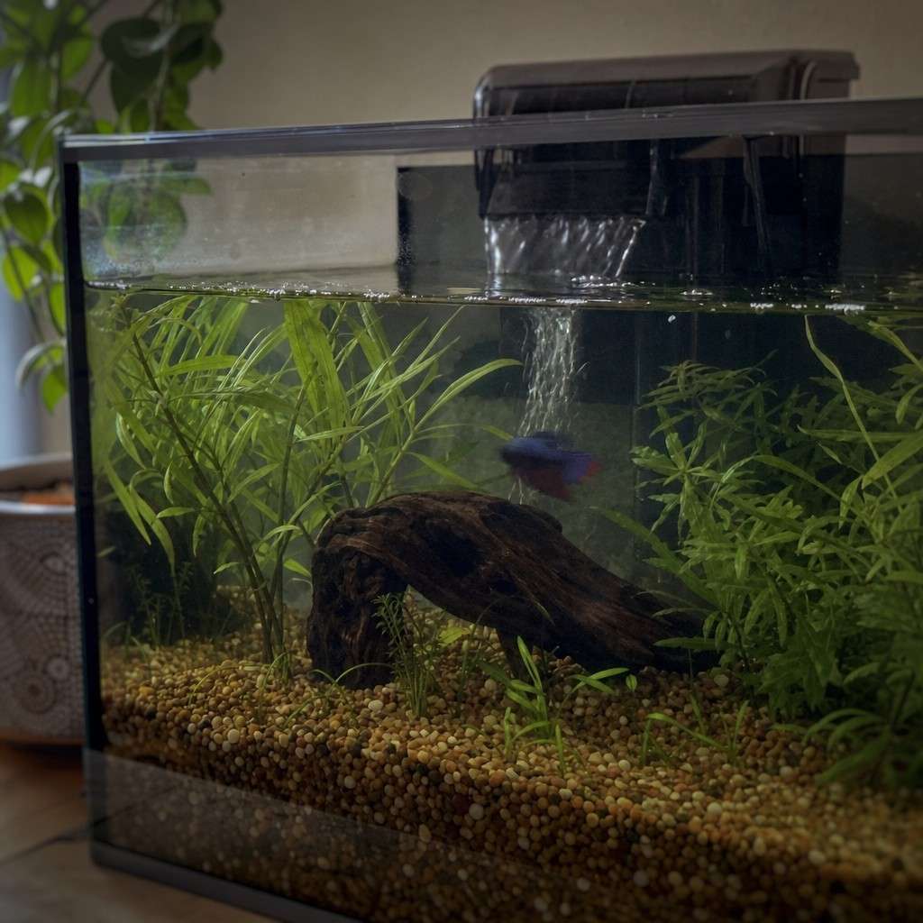 A betta fish as a soft shape exploring a warm planted tank near a low filter outflow