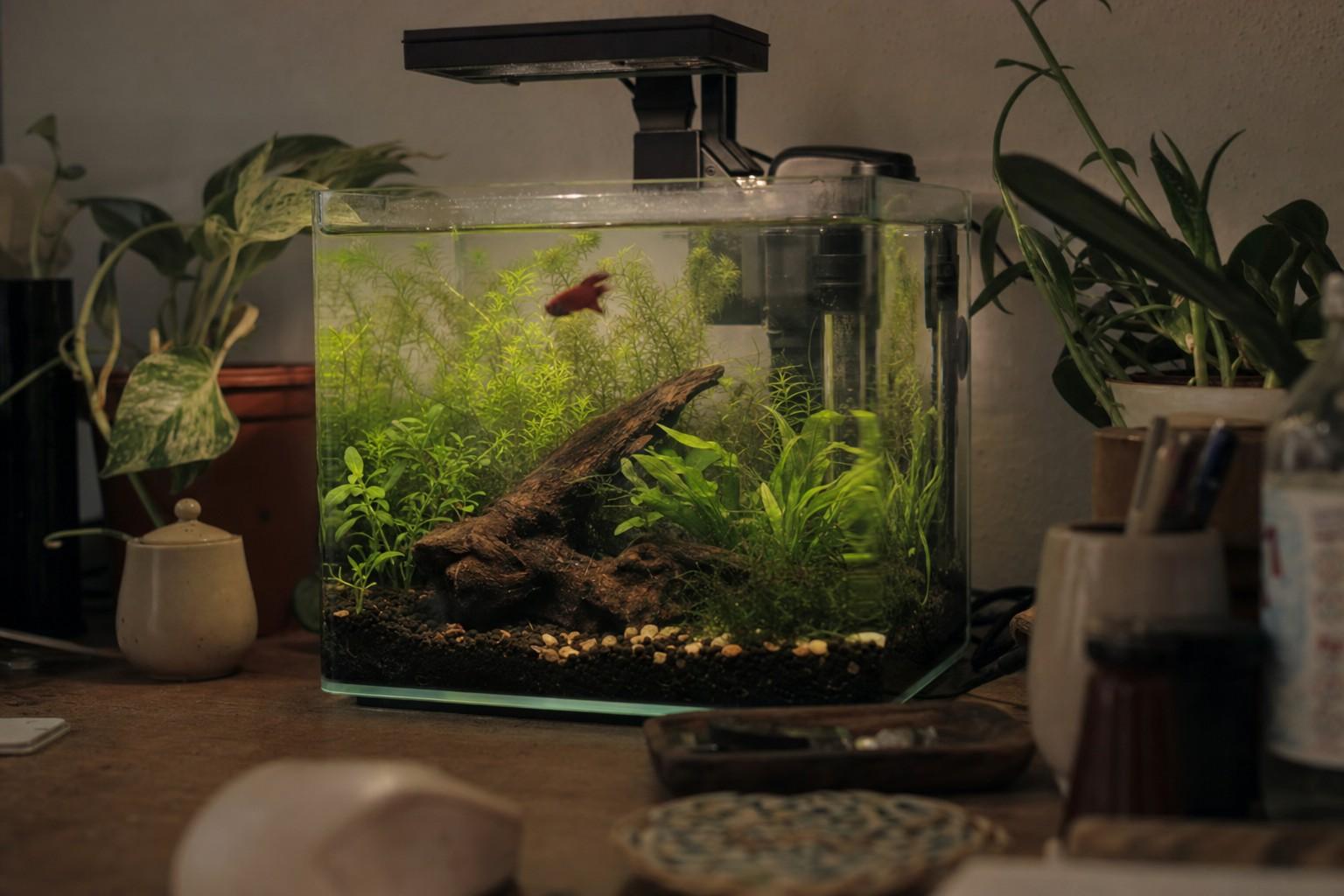 A small planted five-gallon aquarium on a desk with a betta as a soft red shape among the plants, glowing in the evening