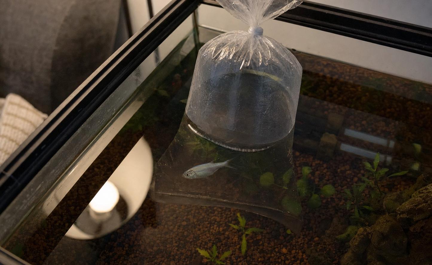 A sealed plastic fish bag floating on the surface of a home aquarium during acclimation