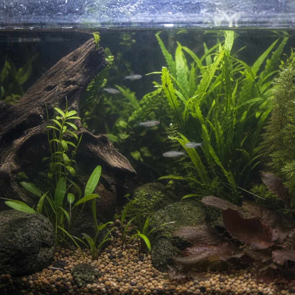 A planted home aquarium with a small school of tiny fish as soft shapes among green plants