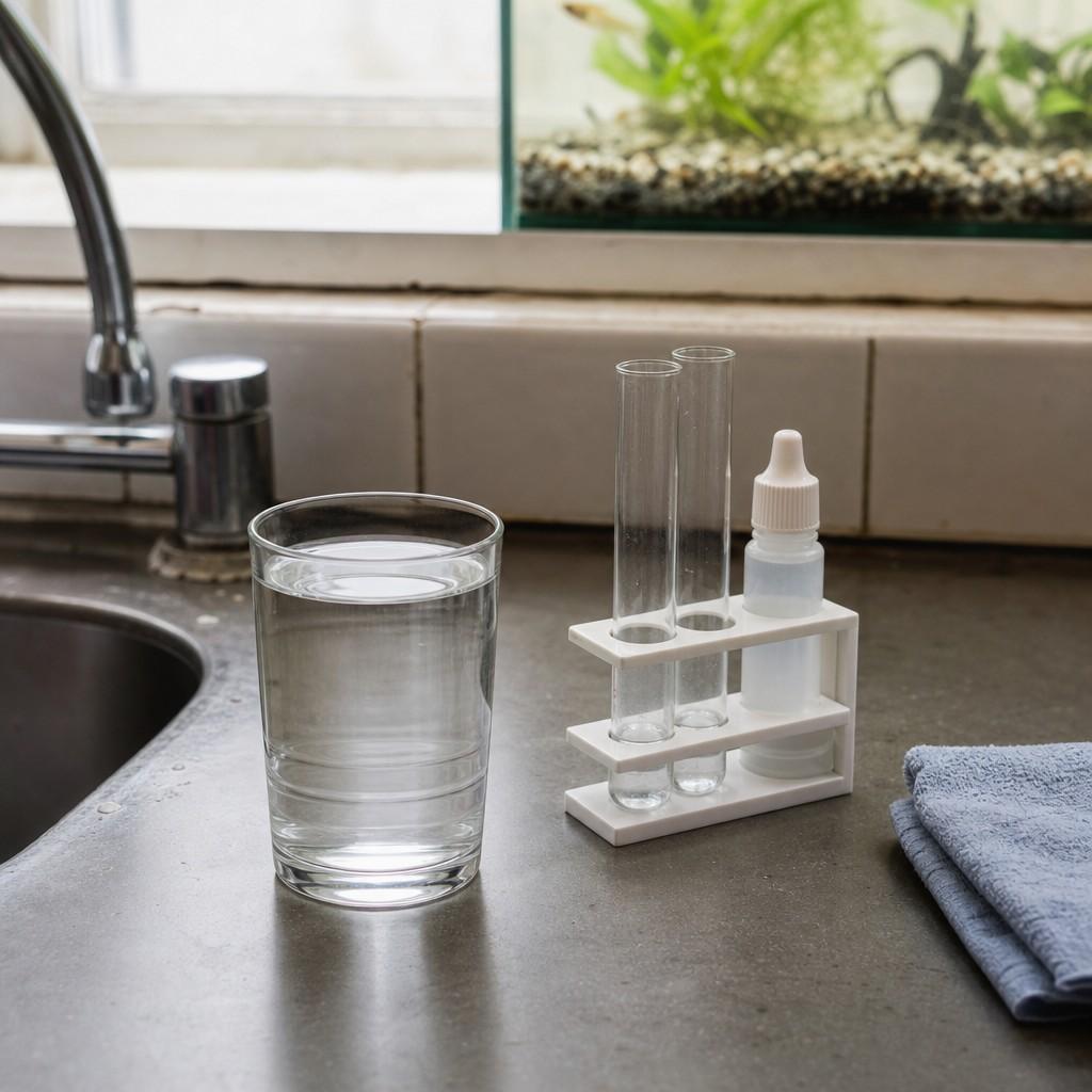 A drinking glass of tap water next to a test tube rack on a kitchen counter in window light