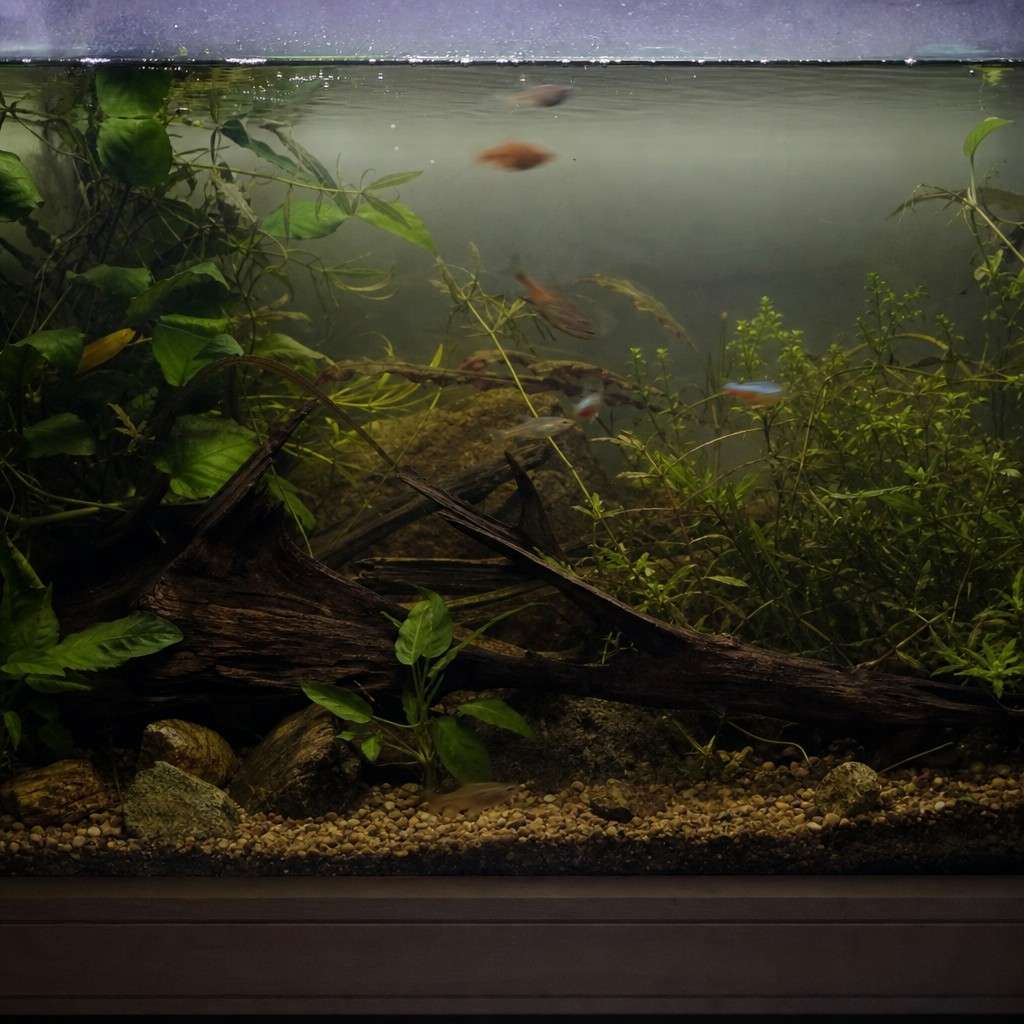 Interior of a planted tank showing fish occupying top, middle and bottom zones as soft shapes