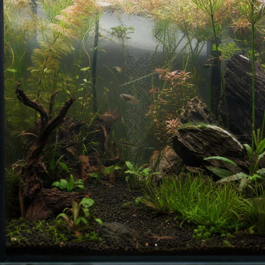 A densely planted aquarium with open swimming space and soft fish shapes among the leaves