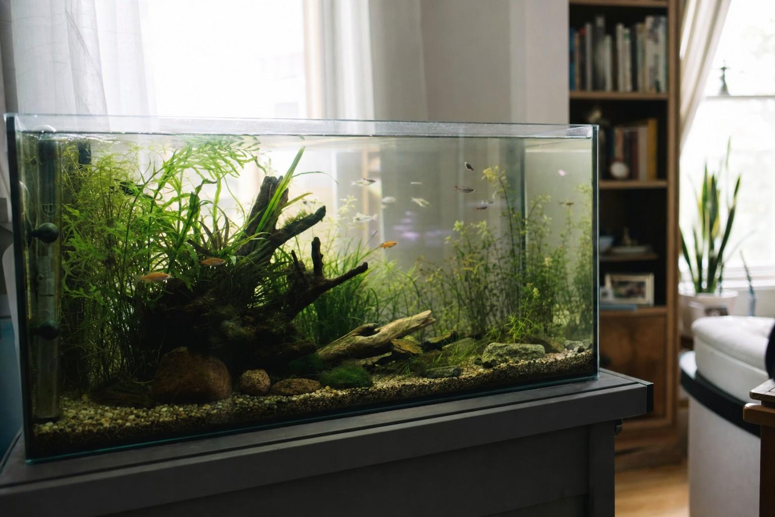 A calm planted community aquarium in a living room with small fish at different levels as soft shapes