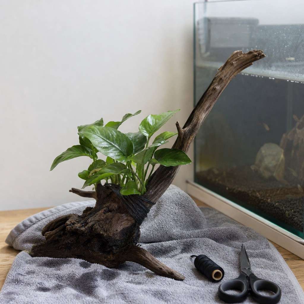 A piece of driftwood with anubias tied on, resting on a towel beside a tank during setup