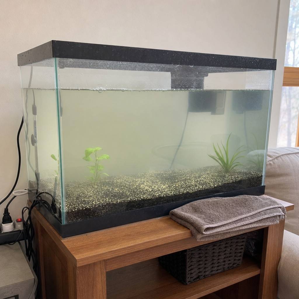 A newly set up aquarium with slightly hazy water and no fish, filter running, in a daytime living room