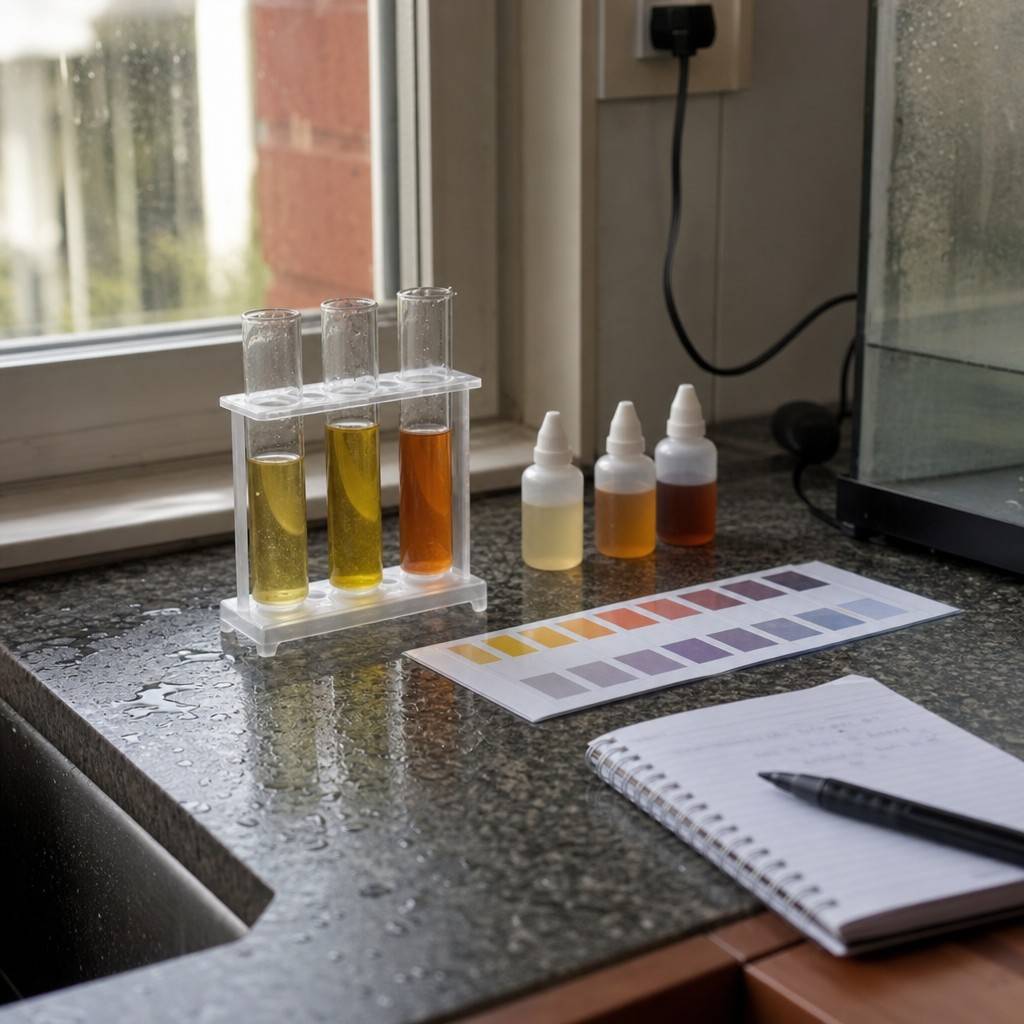 Liquid test kit bottles and filled test tubes in a rack on a kitchen counter next to a colour comparison card