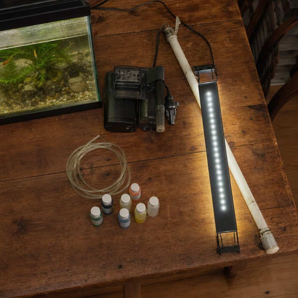New aquarium gear laid out on a wooden table next to an old fluorescent tube light: LED light bar, filter, liquid test kit bottles
