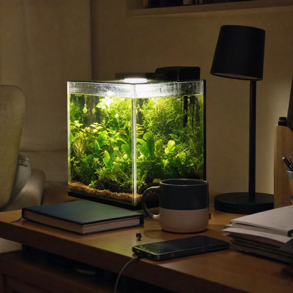 A small planted nano cube aquarium glowing on a cluttered home desk in the evening