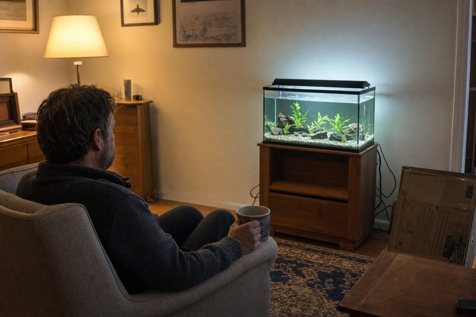 An adult sits in a living room armchair in the evening, coffee mug in hand, watching a newly set up freshwater aquarium glowing on a wooden stand