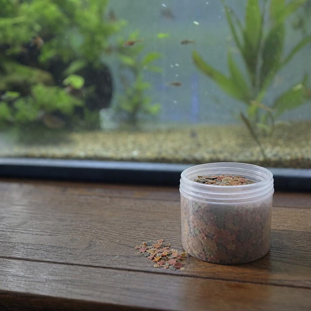 A small container of fish flakes and a tiny pinch of flakes resting on a wooden surface beside a tank