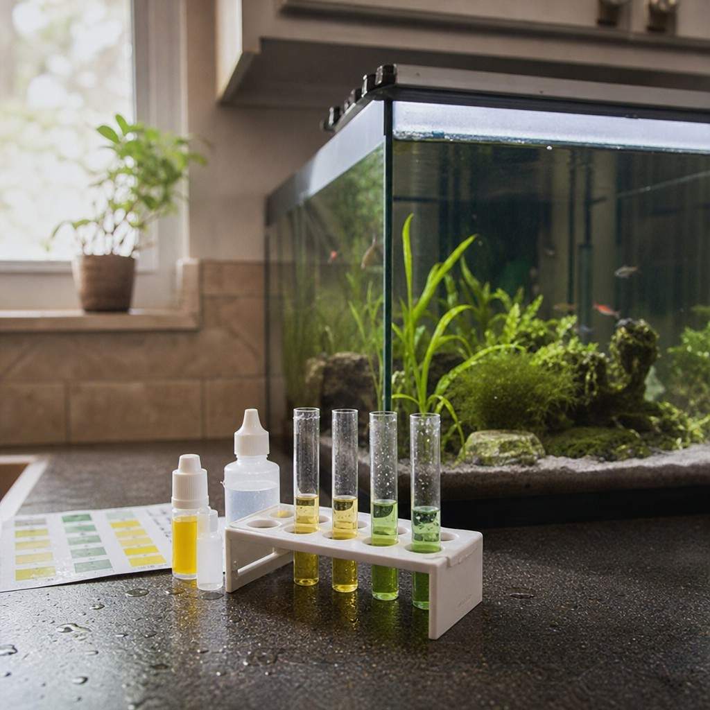 A liquid test kit with filled test tubes on a counter beside the tank, the first thing to check