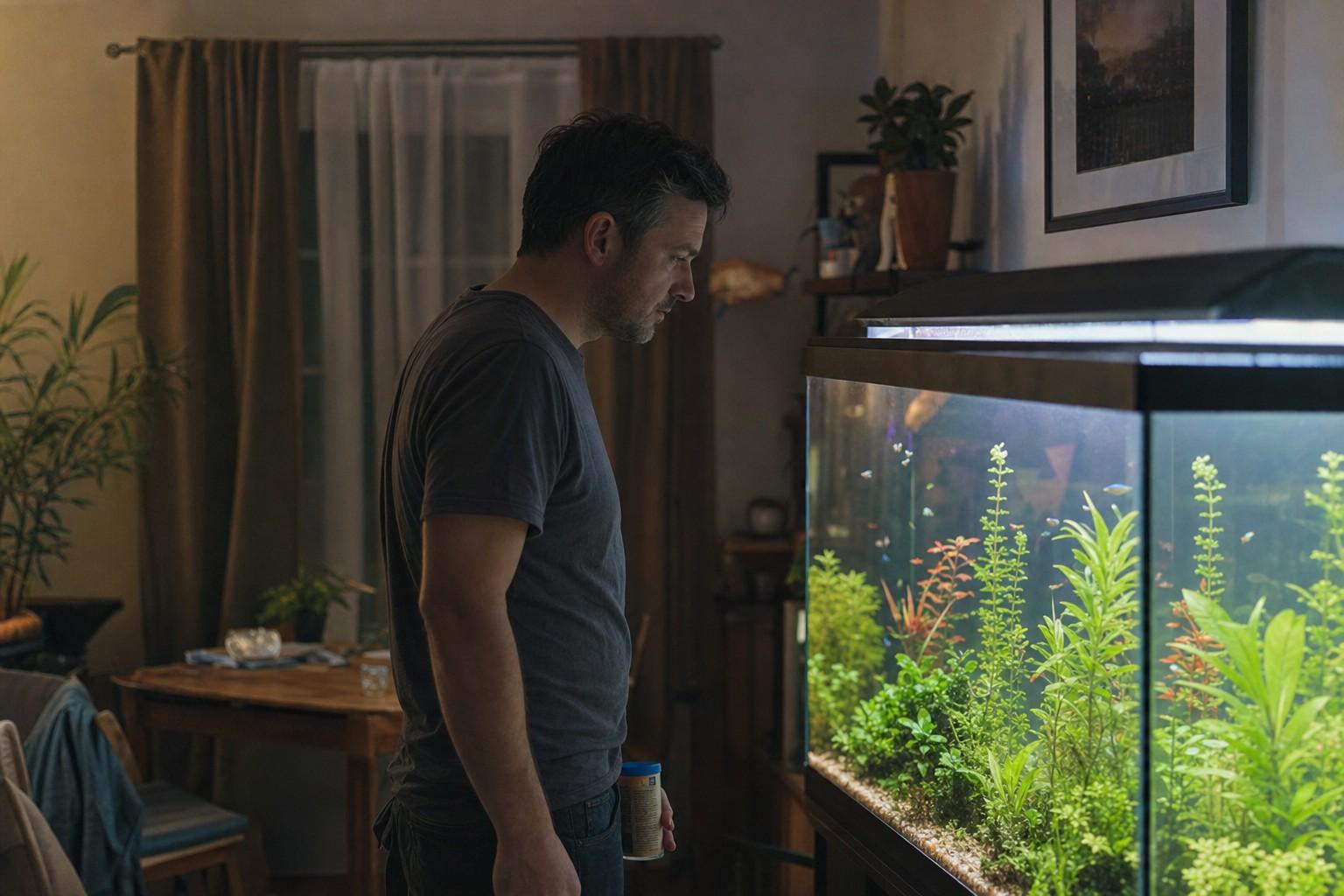 A person standing close to a home aquarium in the evening, watching the fish attentively, hands at their sides