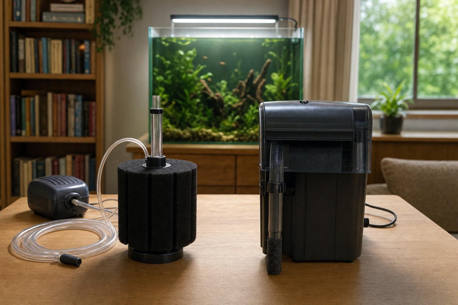 A cylindrical aquarium sponge filter and a hang-on-back power filter placed side by side on a wooden desk for comparison