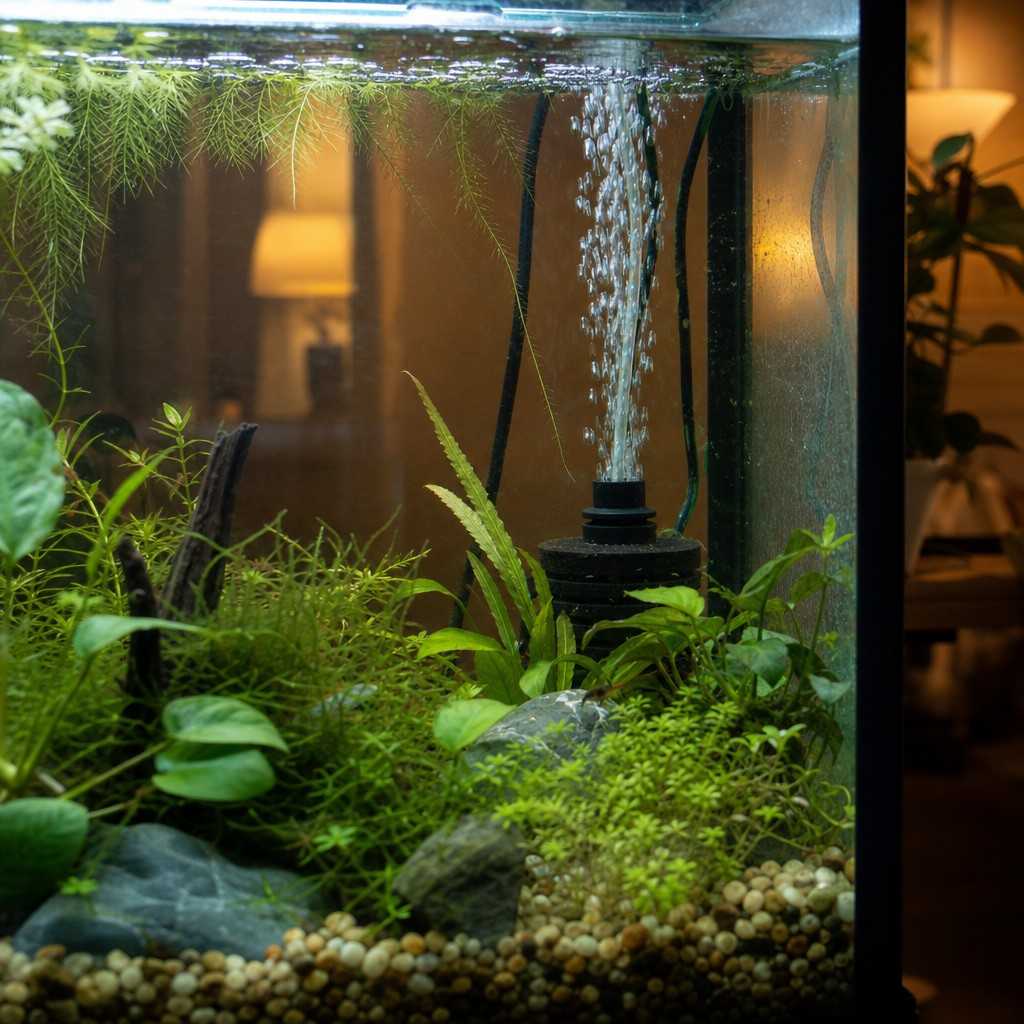 Sponge filter gently bubbling inside a planted aquarium