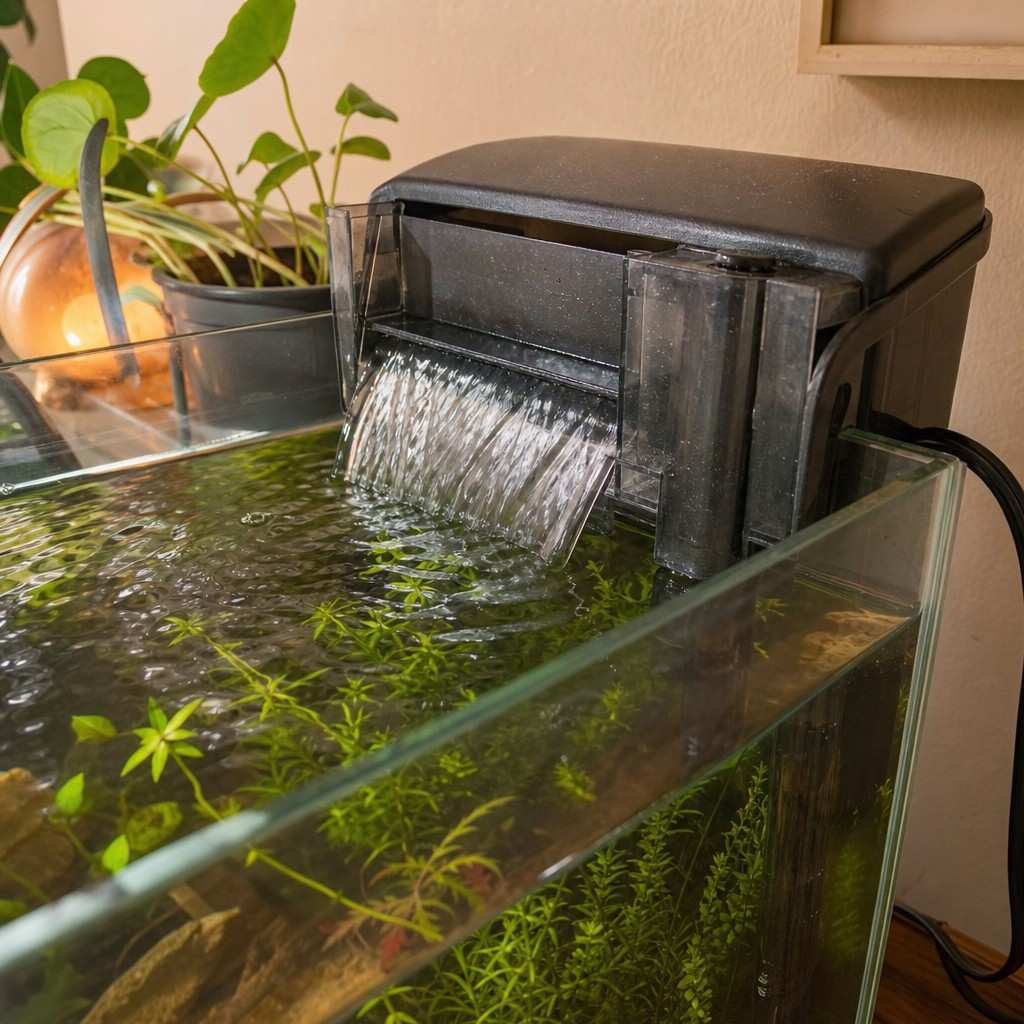 Hang-on-back filter clipped to the rim of an aquarium, water spilling back over the lip