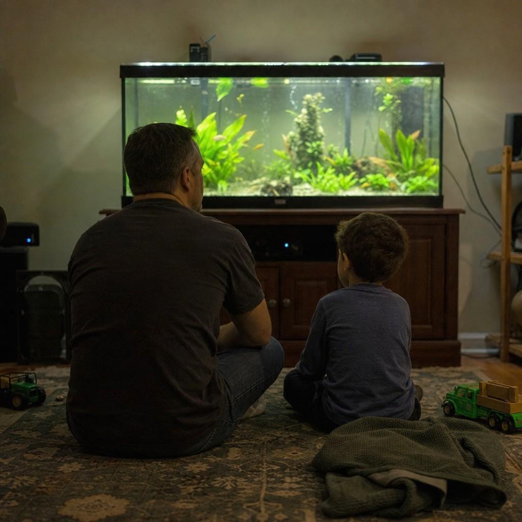 A parent and child sit on the living room floor in the evening watching a glowing 20-gallon community aquarium