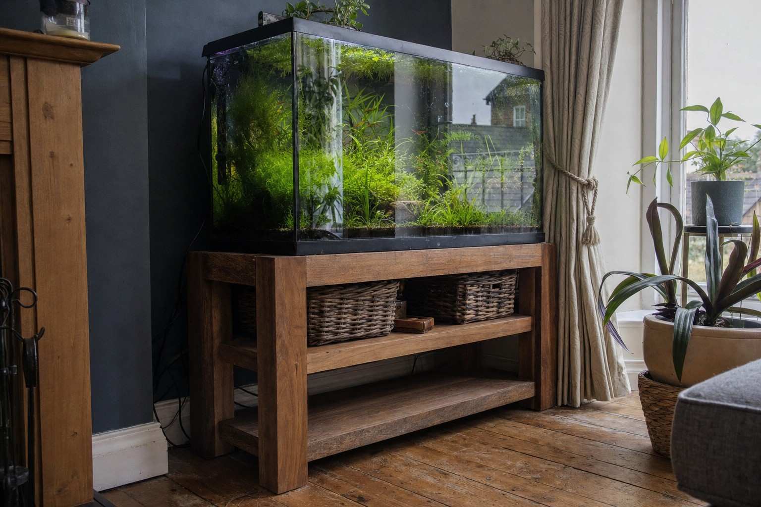A large planted freshwater aquarium on a sturdy wooden stand photographed from a low angle, emphasizing its size and solidity