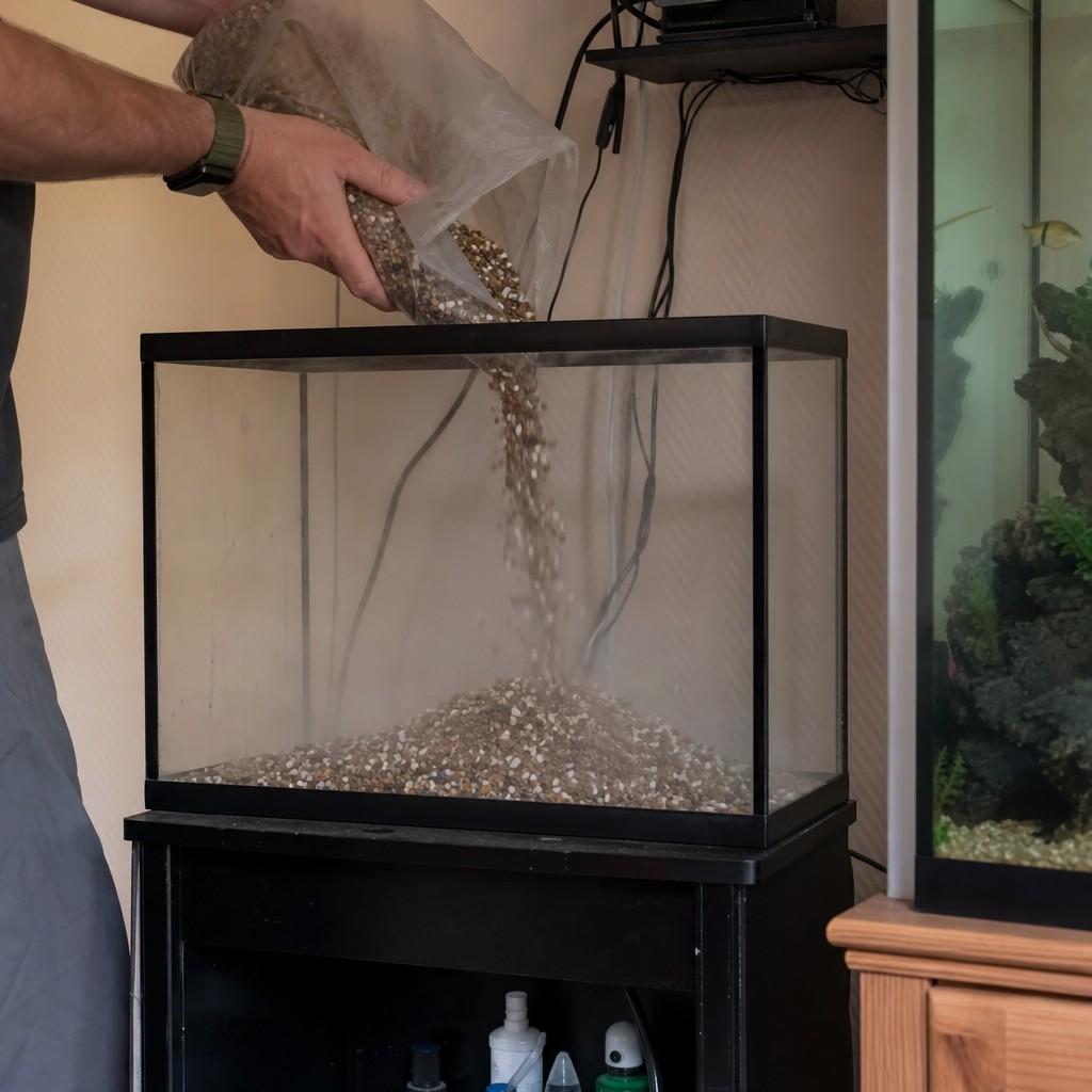 Fresh aquarium gravel being poured from a bag into a dry empty tank, fine dust visible, no water yet